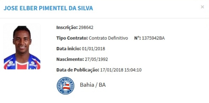 Contrato de Elber é registrado no BID da CBF (Foto: Reprodução/CBF)