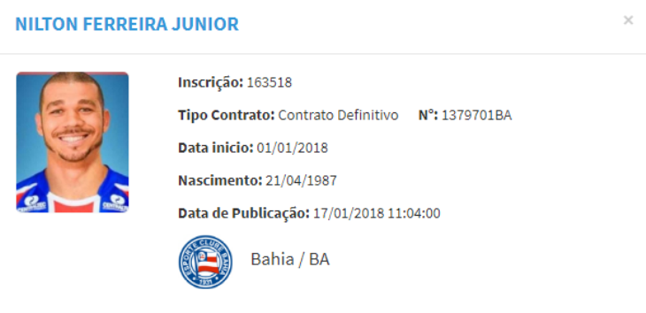 Contrato de Nilton é registrado no BID da CBF (Foto: Reprodução/CBF)