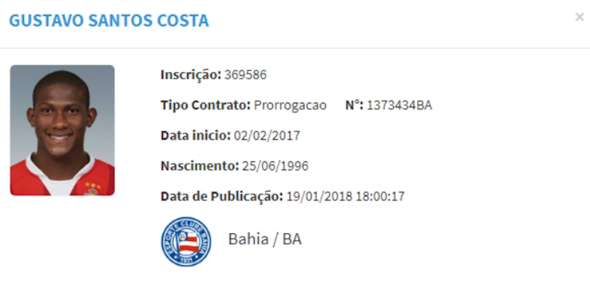 Contrato de Gustavo é registrado no BID da CBF (Foto: Reprodução/CBF)