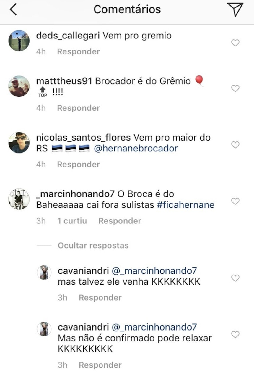 Torcedores do Grêmio comentam no Instagram de Hernane (Foto: Reprodução)