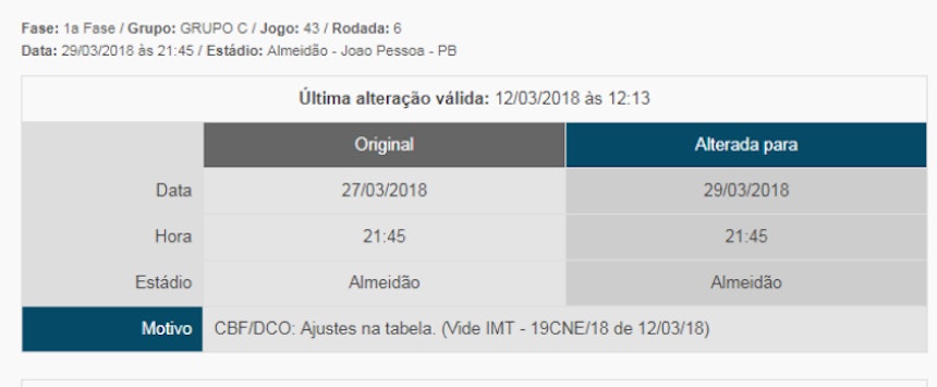 Mudança da data da partida entre Bahia e Botafogo-PB (Foto: Reprodução/CBF)